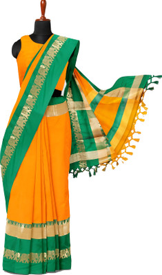 MoonTextile Temple Border Assam Silk Cotton Silk Saree(Beige)