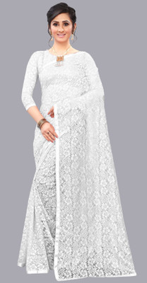 LOROFY Self Design Bollywood Net Saree(White)