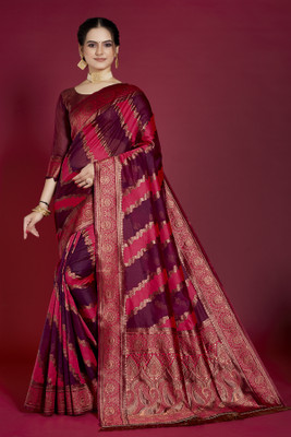 stree silk Woven Banarasi Organza Saree(Purple, Pink)