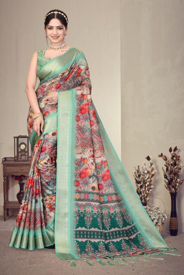 KB TEX Printed, Floral Print Dharmavaram Cotton Silk Saree(Multicolor)