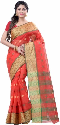 Desh Bidesh Self Design, Paisley, Temple Border, Striped, Embellished, Woven Handloom Handloom Cotton Blend, Pure Cotton Saree(Red, Green)