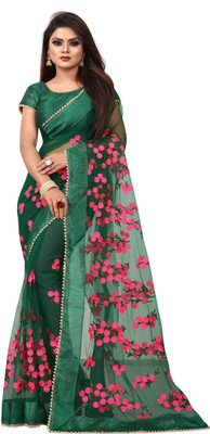 JSItaliya Embroidered Bollywood Net Saree(Dark Green)
