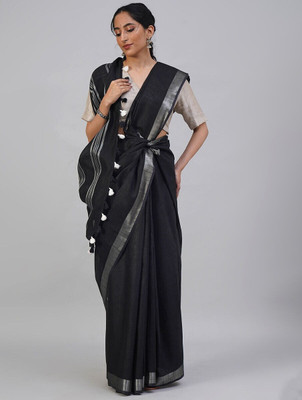 Hatha Karagha Solid/Plain Bhagalpuri Cotton Linen Saree(Black)