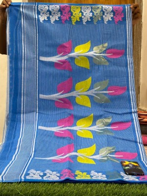 SMRITI HANDLOOM Printed Jamdani Handloom Cotton Blend Saree(Light Blue, Multicolor)