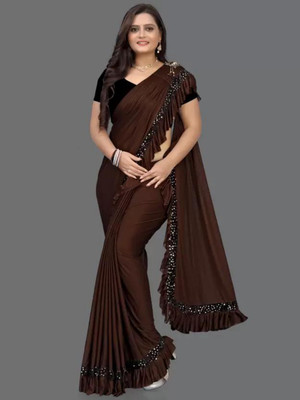 KHODIYAR FASHION Solid/Plain Banarasi Lycra Blend Saree(Brown)