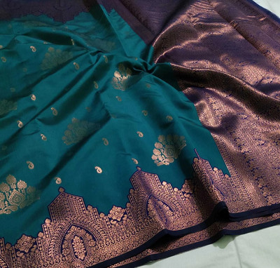 khanjan hub Woven, Graphic Print Kanjivaram Jacquard, Art Silk Saree(Light Blue)