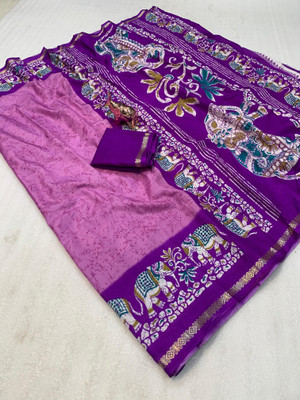 SDGRATITUDE Printed Kalamkari Cotton Linen, Cotton Silk Saree(Purple)