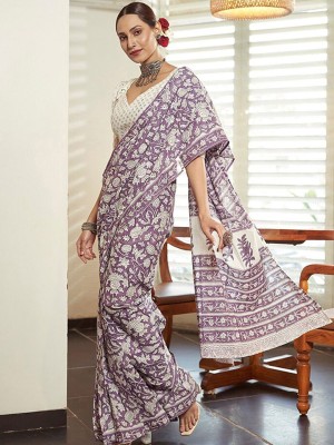 Divastri Printed Daily Wear Pure Cotton Saree(Purple)