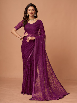 Kavish Enterprise Self Design Bollywood Net Saree(Purple)