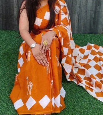 LOVWEAR Printed, Color Block, Blocked Printed, Hand Painted Ikkat Pure Cotton Saree(Orange)