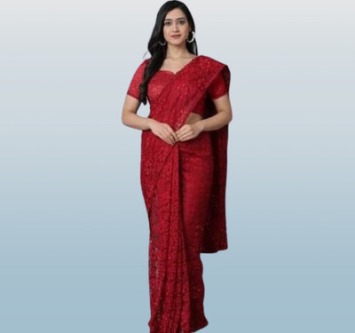 NORAFLEX Embroidered Bollywood Net Saree(Red)