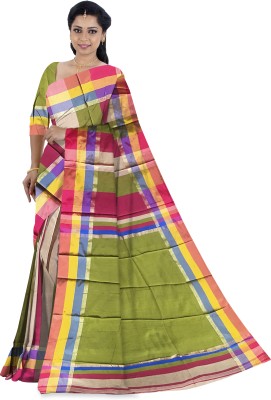 KAMANA TEXTILE QUALITY FASHION Color Block, Self Design, Woven, Checkered Handloom Cotton Silk Saree(Yellow, Red, Light Green)