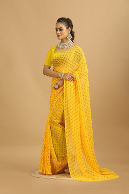 Damru trendz Digital Print Leheria Georgette Saree(Yellow)