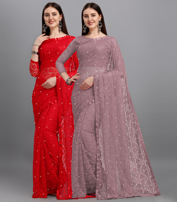 LOROFY Self Design Bollywood Net, Brasso Saree(Pack of 2, Multicolor)