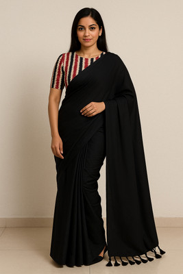 SMRITI HANDLOOM Solid/Plain Handloom Handloom Pure Cotton Saree(Black)