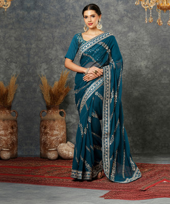 SIRIL Embellished, Embroidered, Dyed Bollywood Georgette Saree(Blue)