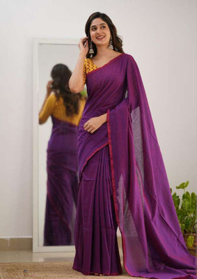 MAMATATEXTILS Solid/Plain Handloom Cotton Blend Saree(Purple)