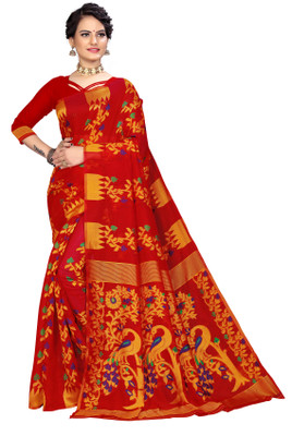 Vedant Vastram Floral Print Jamdani Pure Cotton Saree(Red)
