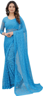 Dhyey Fashion Floral Print Bollywood Net Saree(Light Blue)