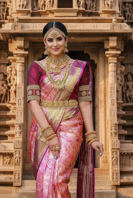 Bindi Floral Print Banarasi Silk Blend Saree(Multicolor)