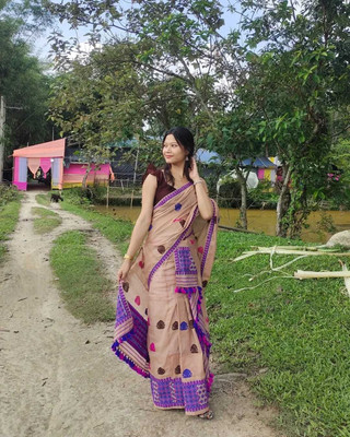 VRAJ CREATION Woven Mekhela Chador Pure Cotton Saree(Beige, Purple)