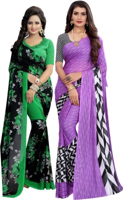 Priyashi Printed Daily Wear Georgette Saree(Pack of 2, Purple, Black)