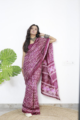 ETHNICPORT Printed Ikkat Pure Cotton Saree(Purple)