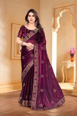 Mikhushop Embroidered Bollywood Jimmy choo Saree(Purple)