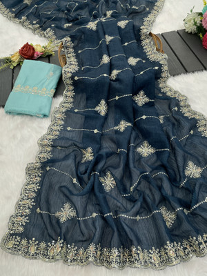 BELLETRENDZ Embroidered Bollywood Jimmy choo Saree(Light Blue)
