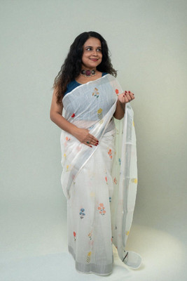 SnehaFashion Creation Printed Daily Wear Linen Saree(White)