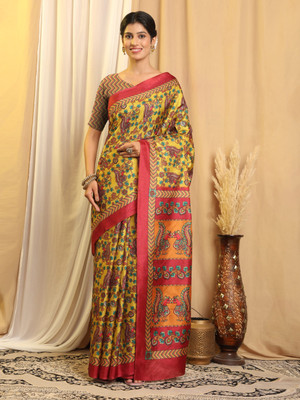 SCFO Digital Print Saree with Attached Blouse Tussar Silk Saree(Yellow)