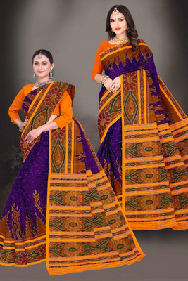 Tareninx Printed Sambalpuri Pure Cotton Saree(Purple)