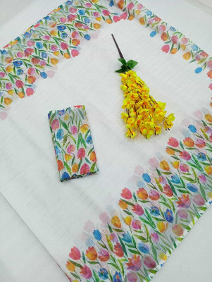 PRTRENDZ Printed Kanjivaram Linen, Cotton Linen Saree(White)