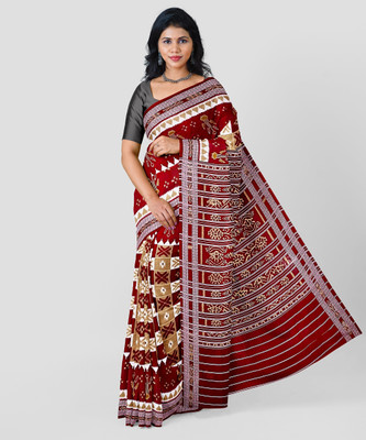 ETHNIC ODISHA HANDLOOM Printed, Digital Print, Geometric Print, Checkered, Polka Print, Graphic Print Sambalpuri Pure Cotton Saree(White)