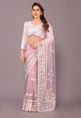 LUTAD FAB Embroidered Bollywood Net Saree(Pink)