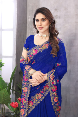 MIYANIFAB Embroidered Bollywood Georgette Saree(Blue)