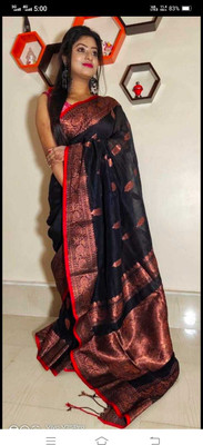 BiswasTextiles Self Design Banarasi Cotton Linen Saree(Black)