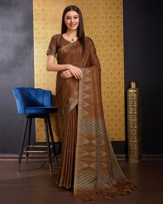 DOI MOI Printed, Geometric Print Banarasi Cotton Silk, Silk Blend Saree(Brown, Multicolor)