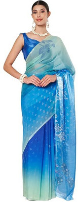 ECOLEAF Printed Bandhani Nylon, Satin Saree(Blue)