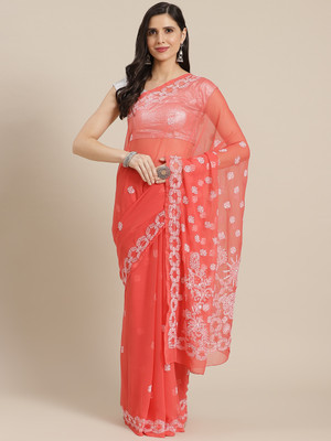 ADA Embroidered Lucknow Chikankari Handloom Georgette Saree(Red)