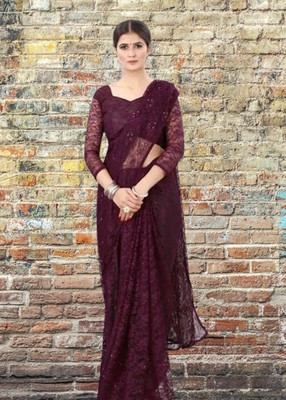 Paanthcreation Solid/Plain Bollywood Net Saree(Brown)