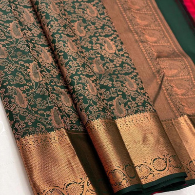 HouseOfCommon Striped Bollywood Jacquard, Pure Silk Saree(Green)