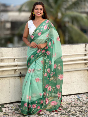 Nayanthara Trends Floral Print Chanderi Cotton Silk, Chanderi Saree(Green)