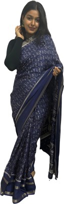 Sanjana Silks Printed Bollywood Art Silk, Silk Blend Saree(Dark Blue, Cream)