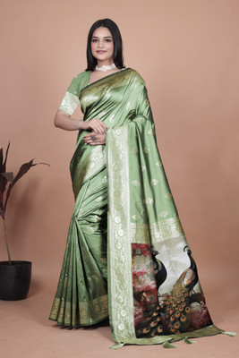 Trushna Fashion Printed Banarasi Pure Silk Saree(Light Green)