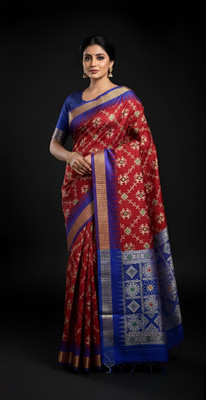 Sijileen Woven, Temple Border Sambalpuri Art Silk Saree(Red, Blue)