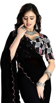 The Fashion Tax Solid/Plain Bollywood Georgette Saree(Black)