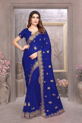 MIYANIFAB Embroidered, Floral Print Bollywood Georgette Saree(Blue)