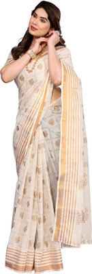 Kjs Polka Print Kasavu Pure Cotton Saree(Multicolor)