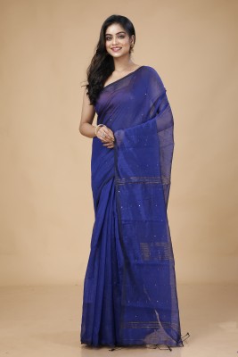 Oishani Saree Ghor Self Design Handloom Cotton Blend Saree(Dark Blue)